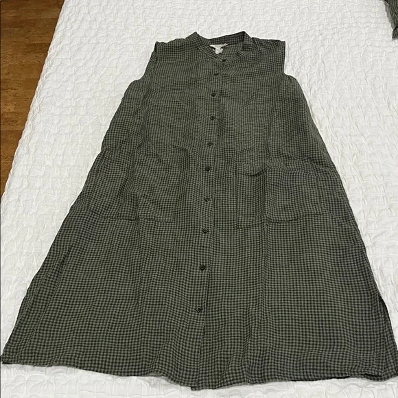 Eileen Fisher Loden Green Gingham Puckered Organic Linen Dress XS NWT